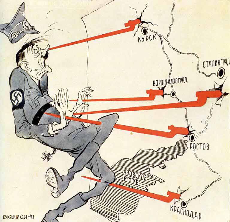 Los Kukriniksi, 1943- Sin titular. Imagen: Mapa, desde arriba hacia abajo: Kursk, Stalingrado, Voroshilovgrado, Rostov, el mar de Azov, Krasnodar (Kukriniksi, 1943) Los Kukriniksi, 1943 - Sin titular
